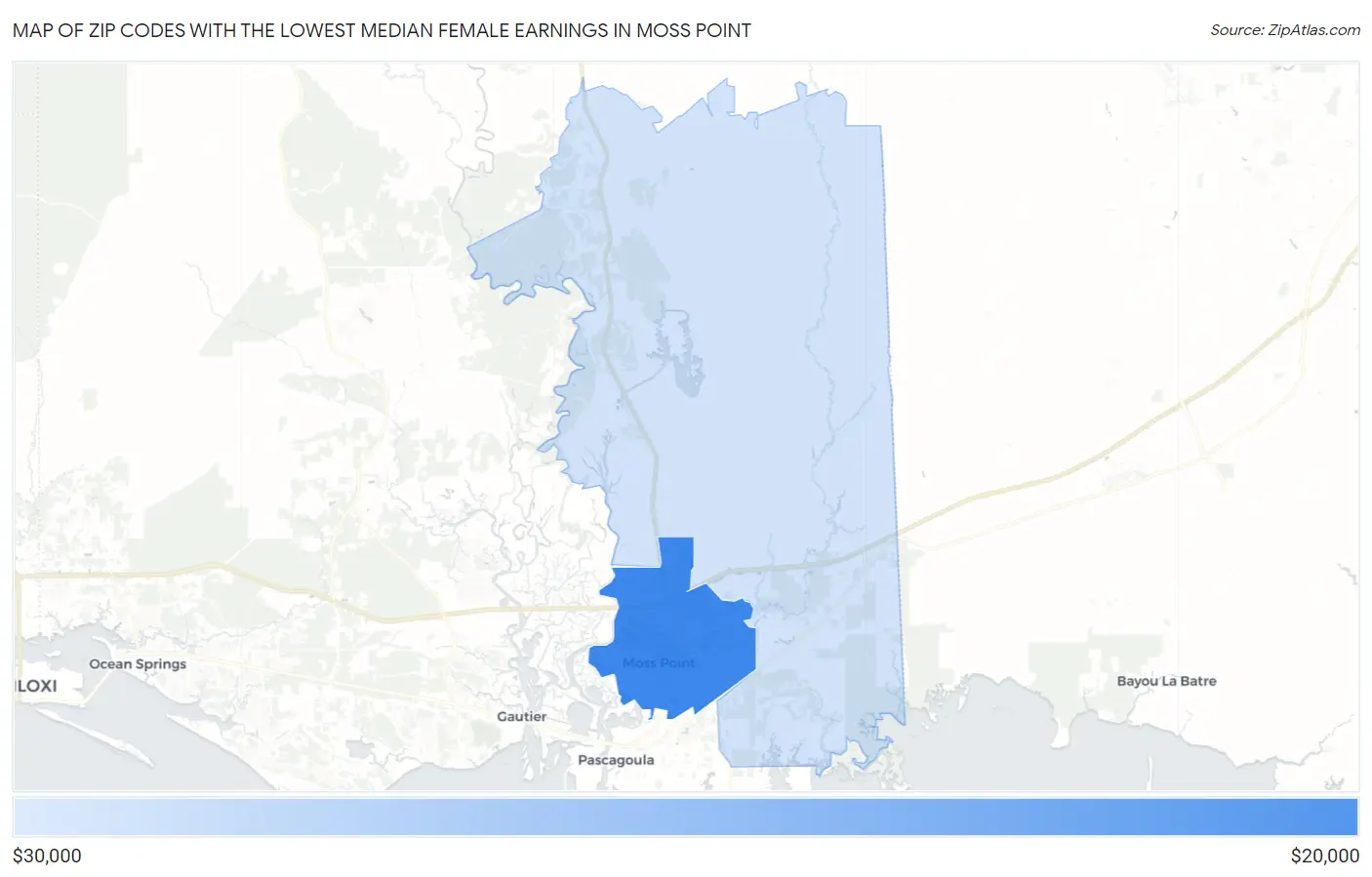 Zip Codes with the Lowest Median Female Earnings in Moss Point Map
