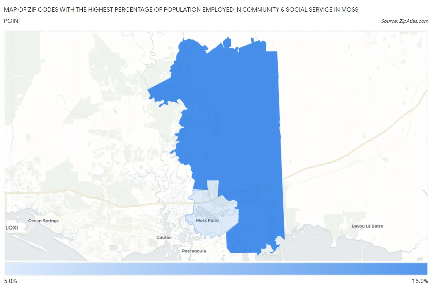 Zip Codes with the Highest Percentage of Population Employed in Community & Social Service  in Moss Point Map