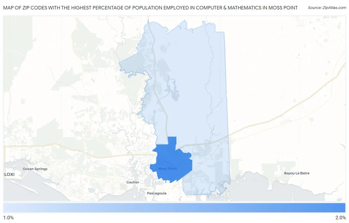 Zip Codes with the Highest Percentage of Population Employed in Computer & Mathematics in Moss Point Map