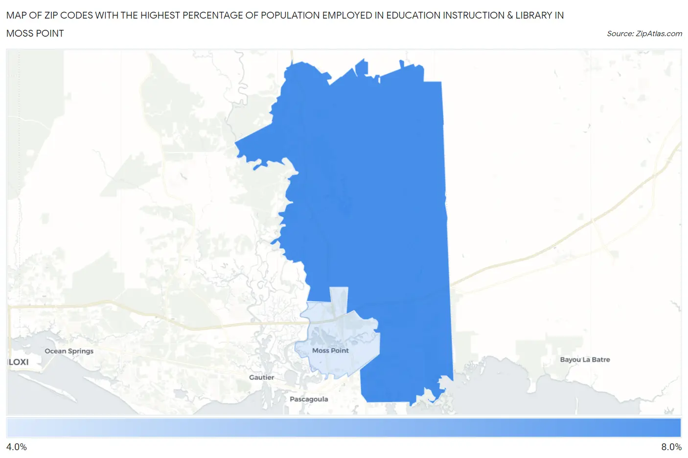 Zip Codes with the Highest Percentage of Population Employed in Education Instruction & Library in Moss Point Map