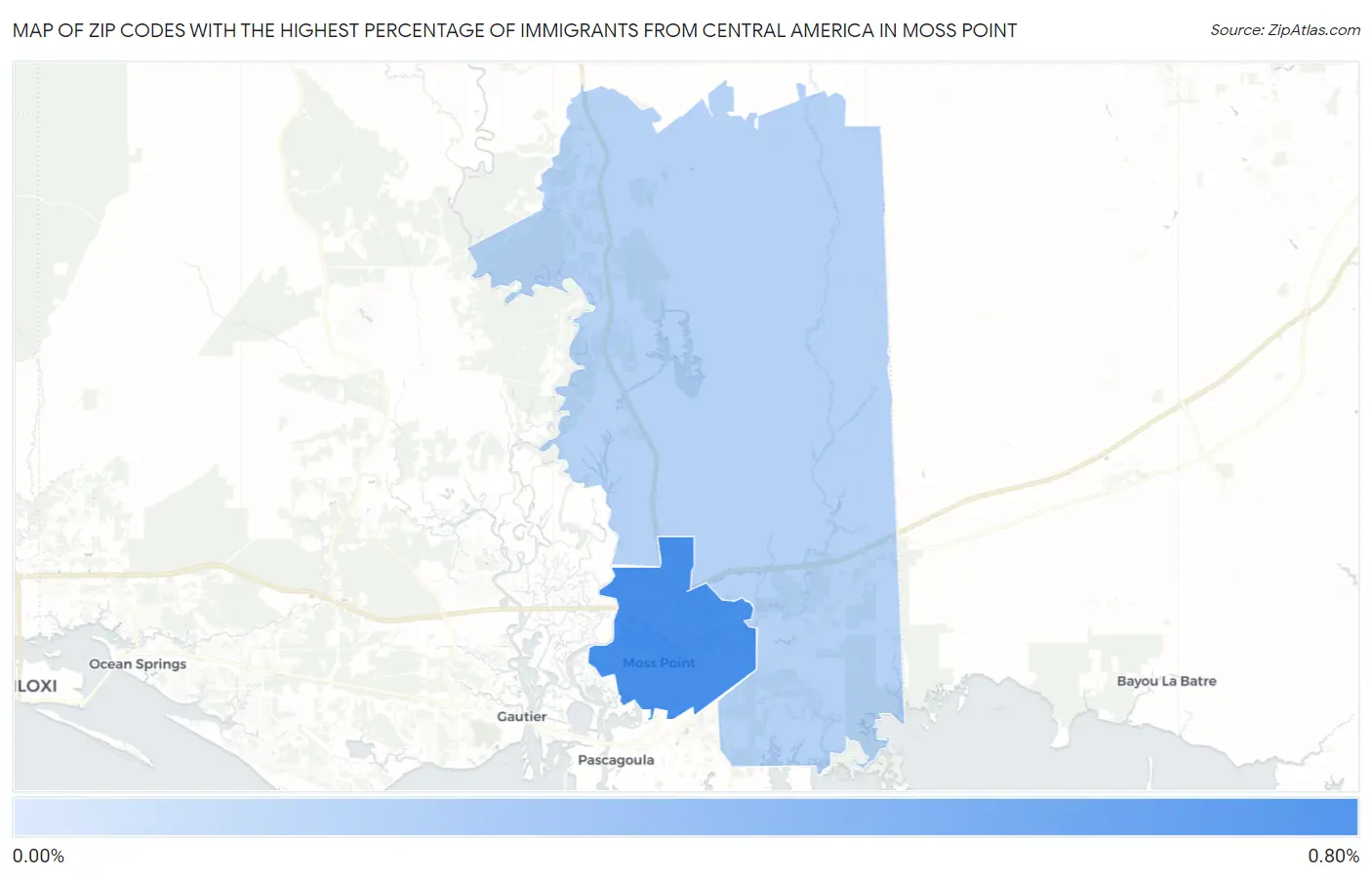 Zip Codes with the Highest Percentage of Immigrants from Central America in Moss Point Map