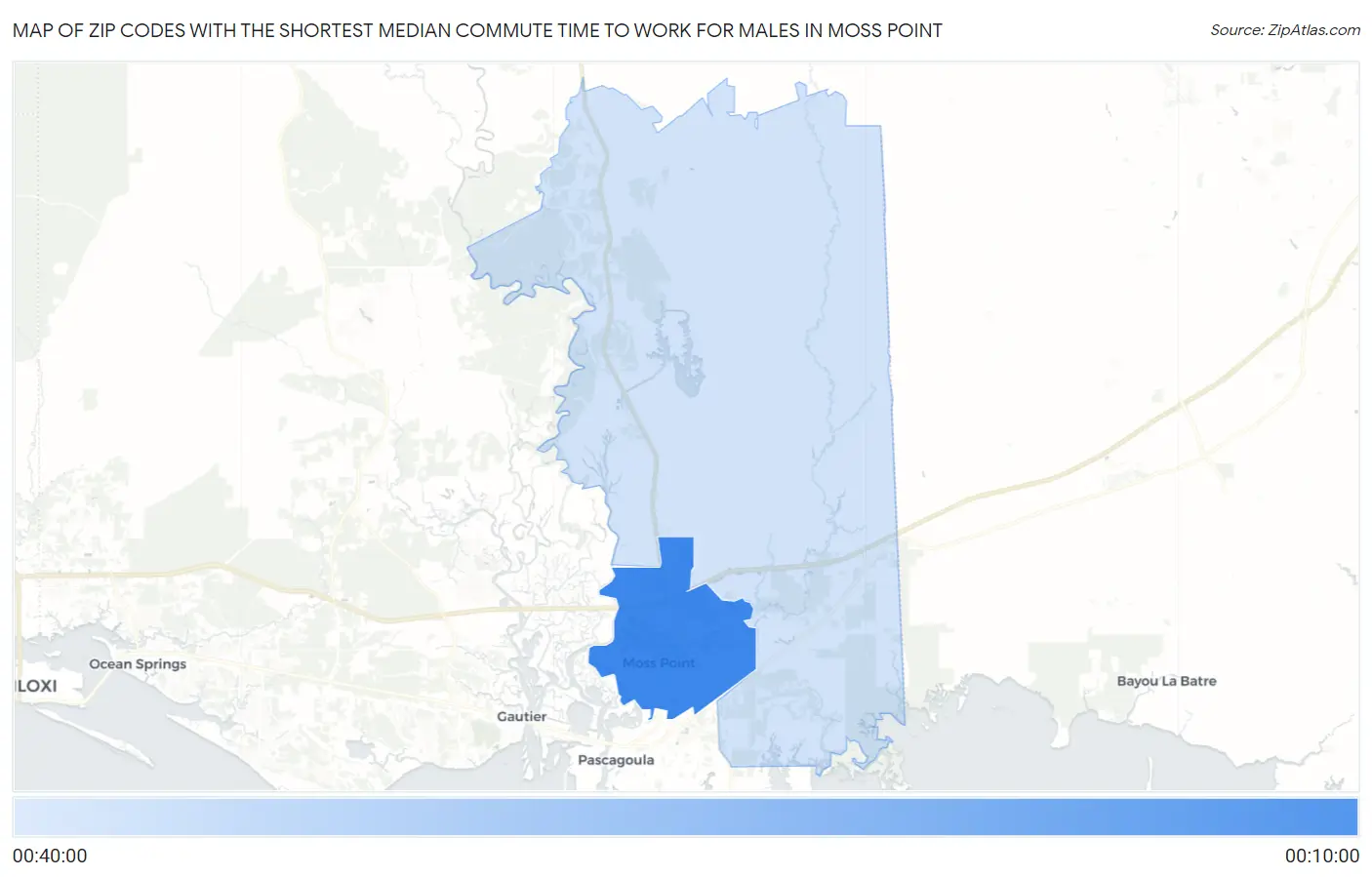 Zip Codes with the Shortest Median Commute Time to Work for Males in Moss Point Map