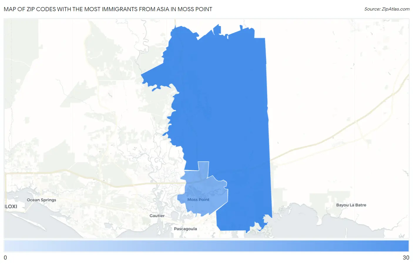 Zip Codes with the Most Immigrants from Asia in Moss Point Map