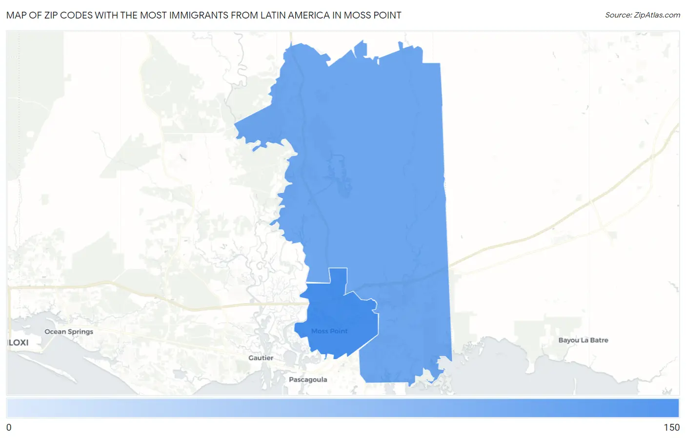 Zip Codes with the Most Immigrants from Latin America in Moss Point Map