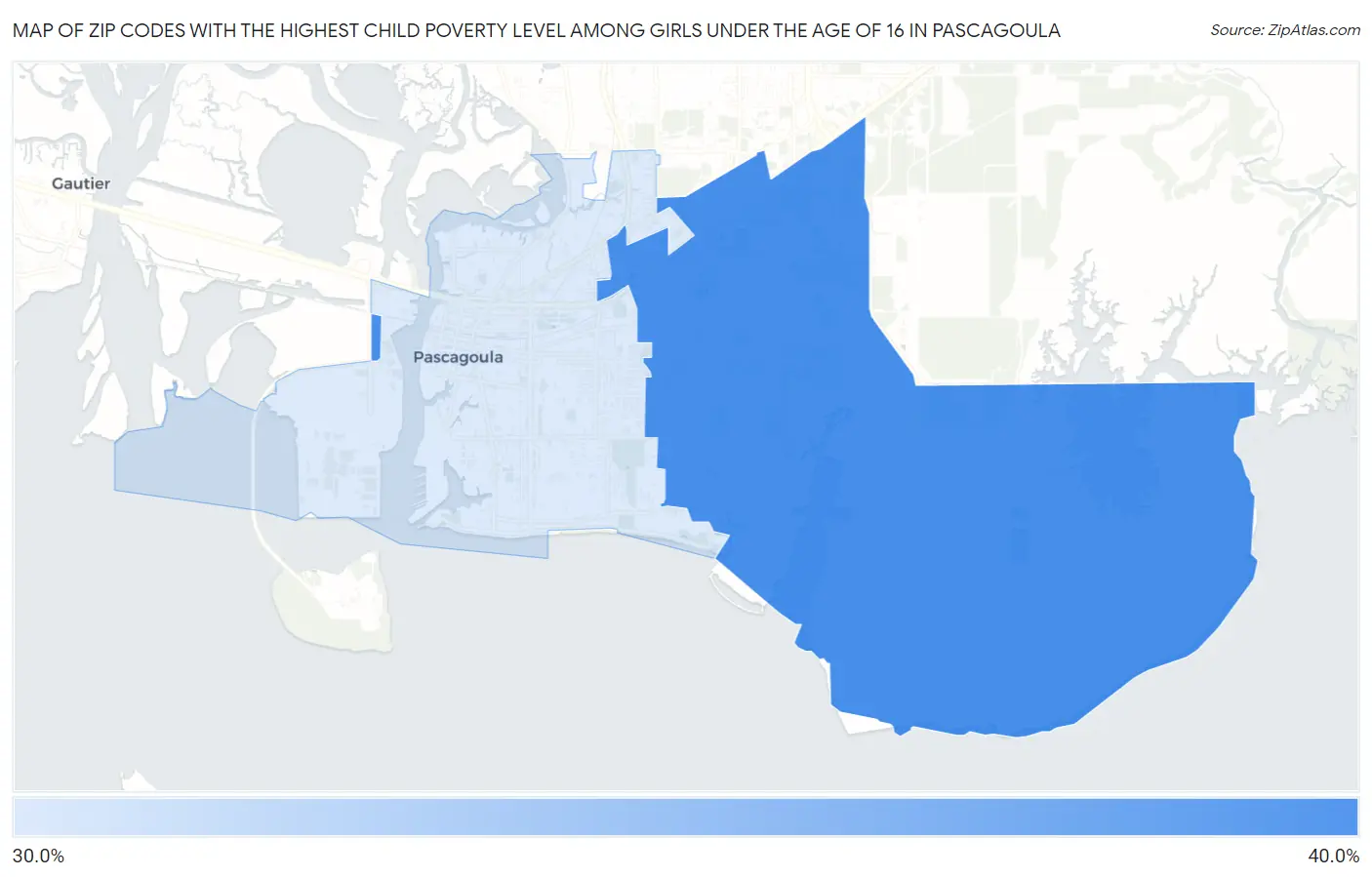 Zip Codes with the Highest Child Poverty Level Among Girls Under the Age of 16 in Pascagoula Map