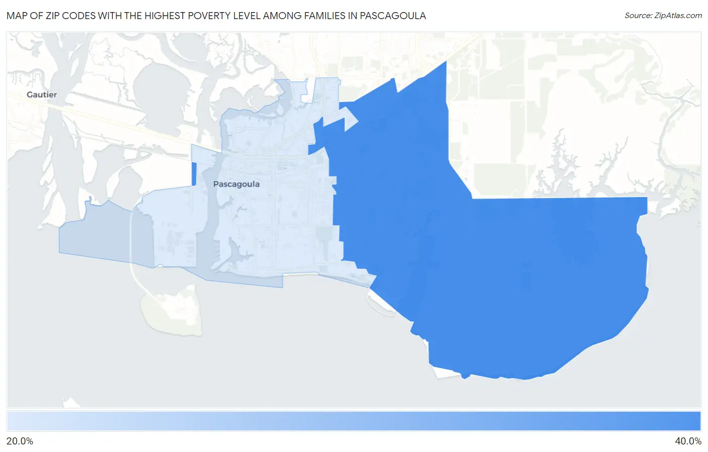 Zip Codes with the Highest Poverty Level Among Families in Pascagoula Map