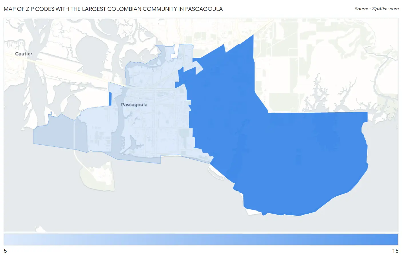 Zip Codes with the Largest Colombian Community in Pascagoula Map
