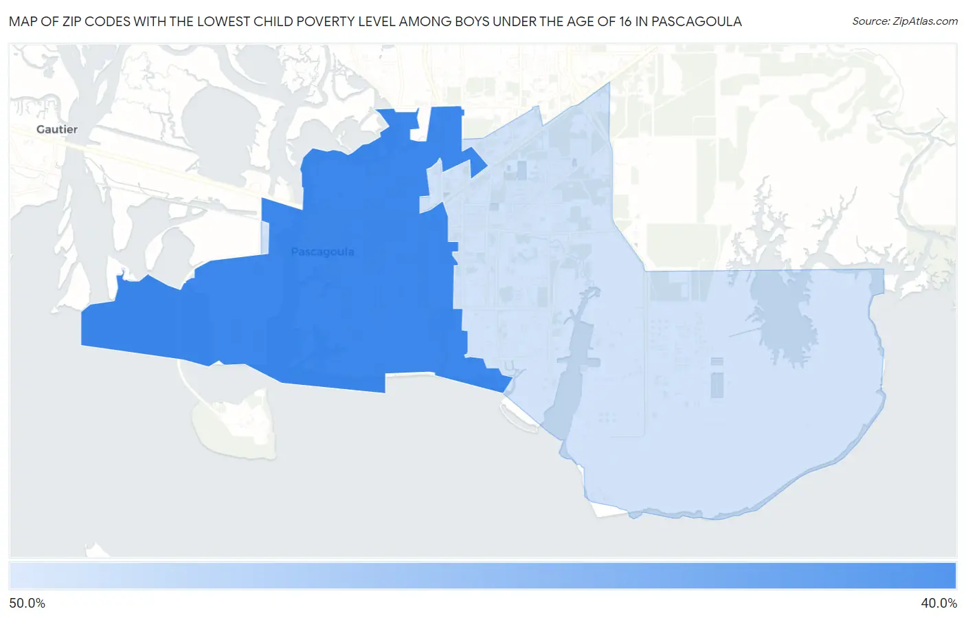 Zip Codes with the Lowest Child Poverty Level Among Boys Under the Age of 16 in Pascagoula Map