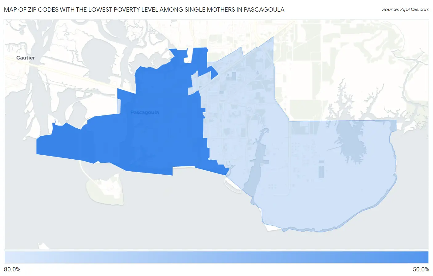 Zip Codes with the Lowest Poverty Level Among Single Mothers in Pascagoula Map