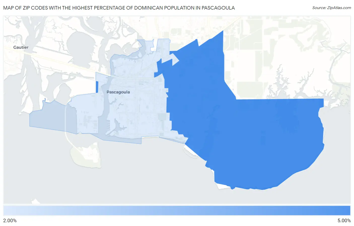 Zip Codes with the Highest Percentage of Dominican Population in Pascagoula Map