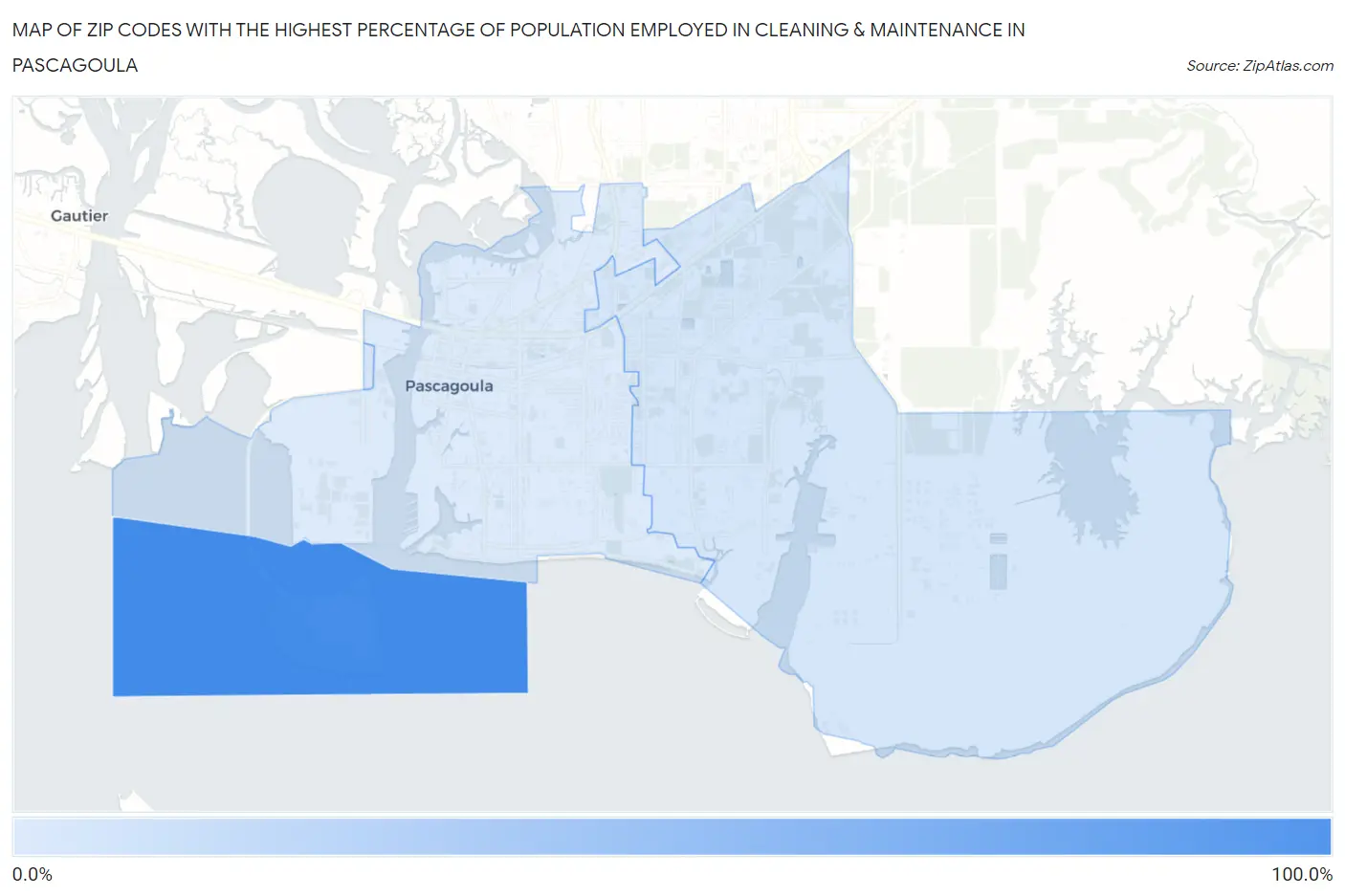 Zip Codes with the Highest Percentage of Population Employed in Cleaning & Maintenance in Pascagoula Map