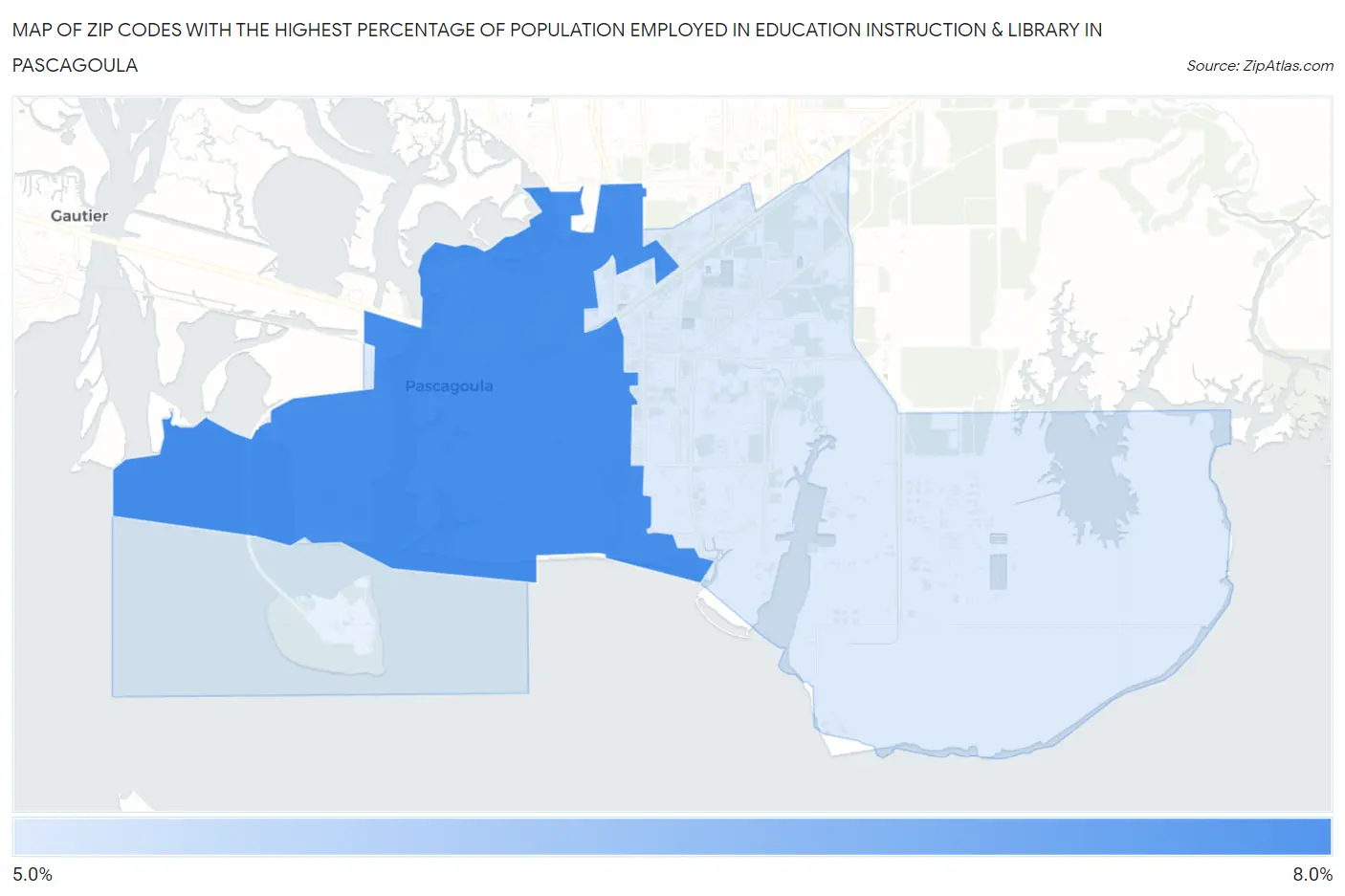 Zip Codes with the Highest Percentage of Population Employed in Education Instruction & Library in Pascagoula Map