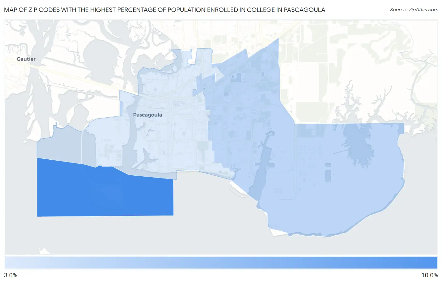 Zip Codes with the Highest Percentage of Population Enrolled in College in Pascagoula Map