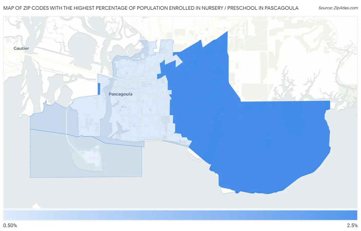 Zip Codes with the Highest Percentage of Population Enrolled in Nursery / Preschool in Pascagoula Map