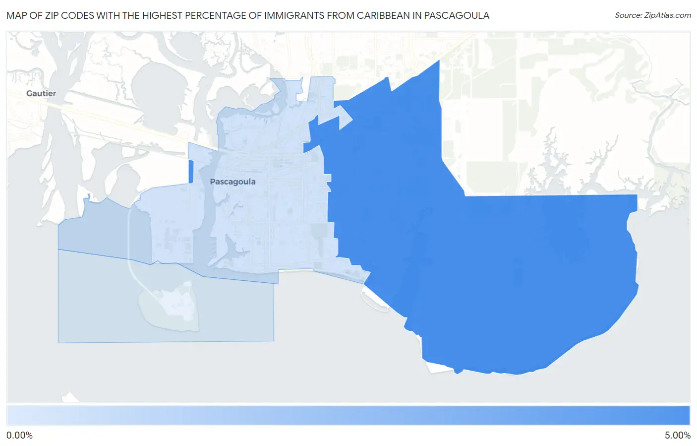 Zip Codes with the Highest Percentage of Immigrants from Caribbean in Pascagoula Map