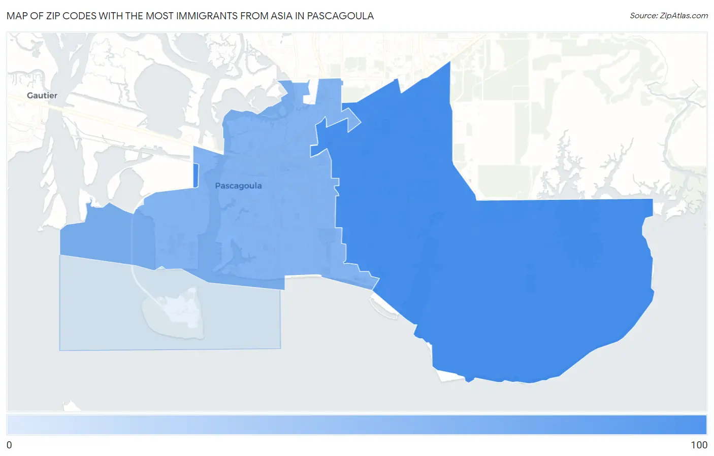 Zip Codes with the Most Immigrants from Asia in Pascagoula Map