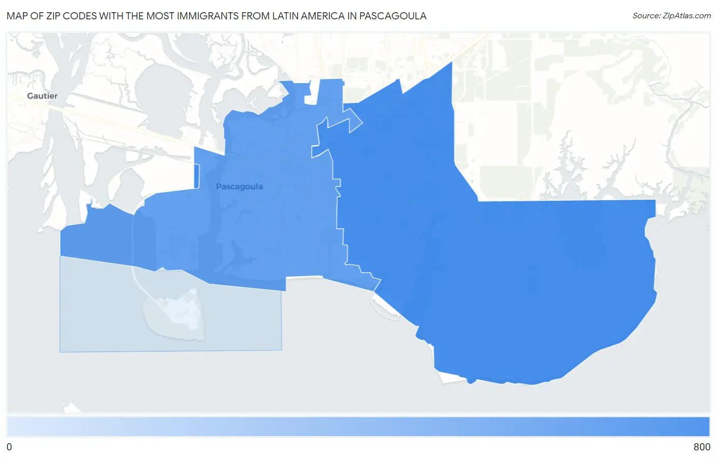 Zip Codes with the Most Immigrants from Latin America in Pascagoula Map