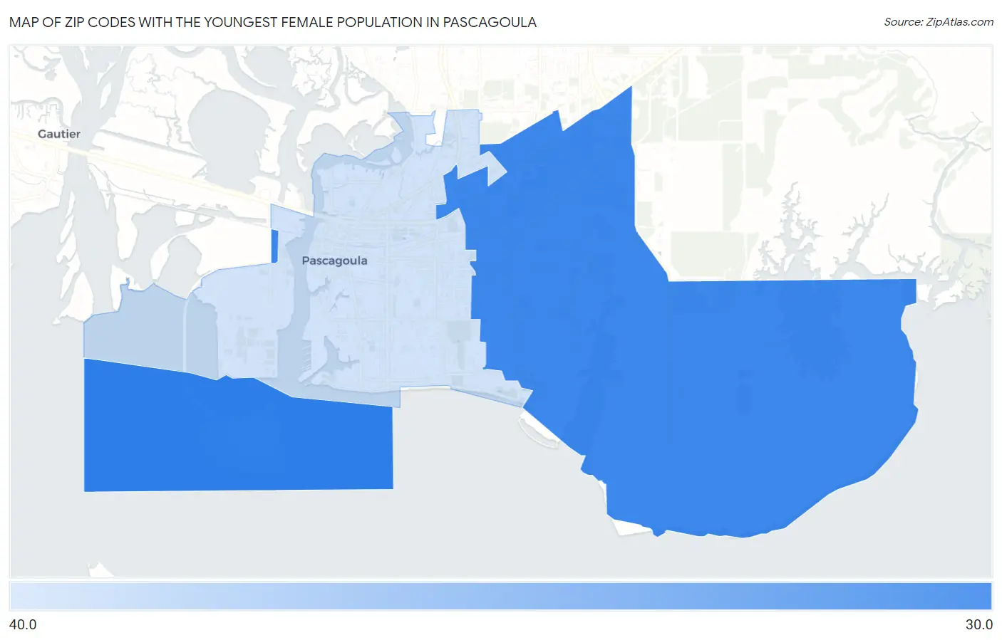 Zip Codes with the Youngest Female Population in Pascagoula Map