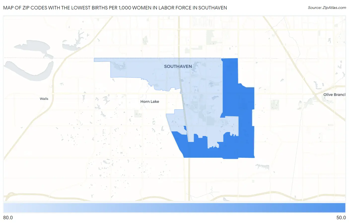 Zip Codes with the Lowest Births per 1,000 Women in Labor Force in Southaven Map