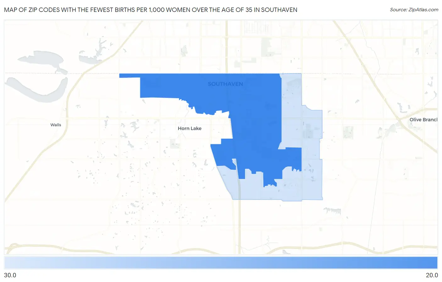 Zip Codes with the Fewest Births per 1,000 Women Over the Age of 35 in Southaven Map