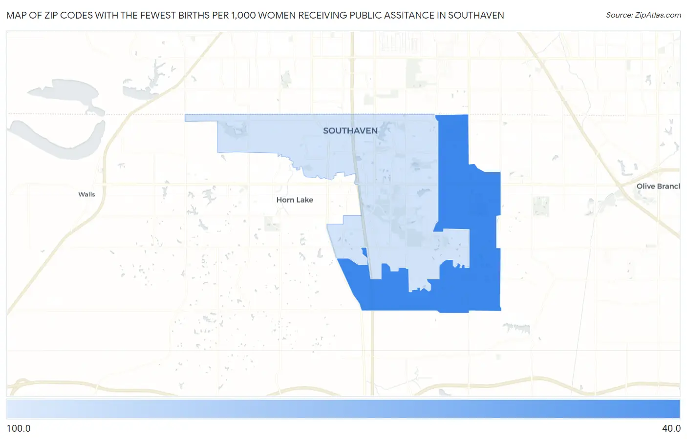 Zip Codes with the Fewest Births per 1,000 Women Receiving Public Assitance in Southaven Map