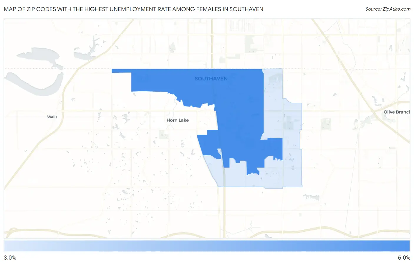Zip Codes with the Highest Unemployment Rate Among Females in Southaven Map