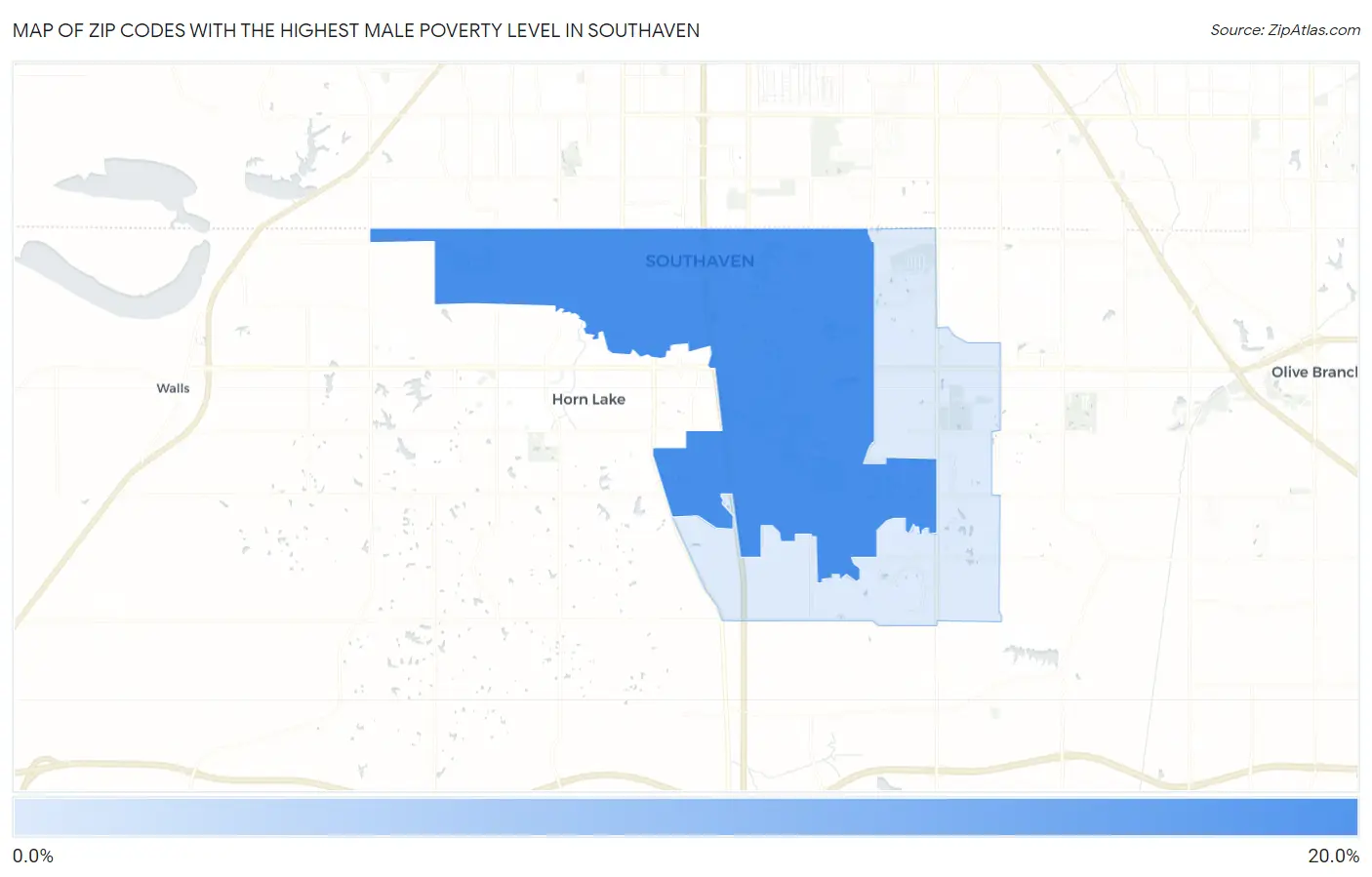 Zip Codes with the Highest Male Poverty Level in Southaven Map