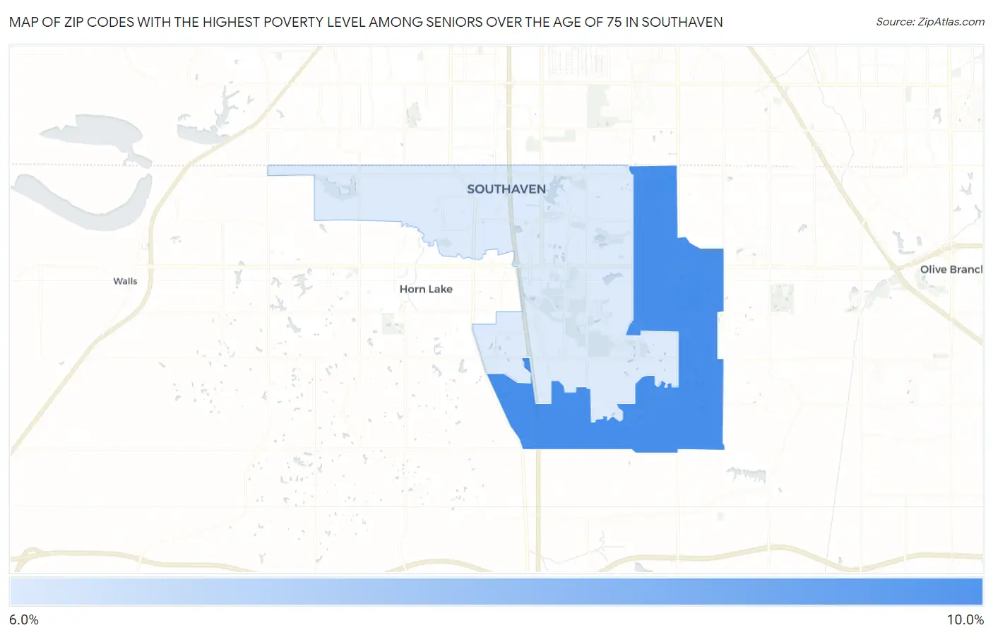 Zip Codes with the Highest Poverty Level Among Seniors Over the Age of 75 in Southaven Map