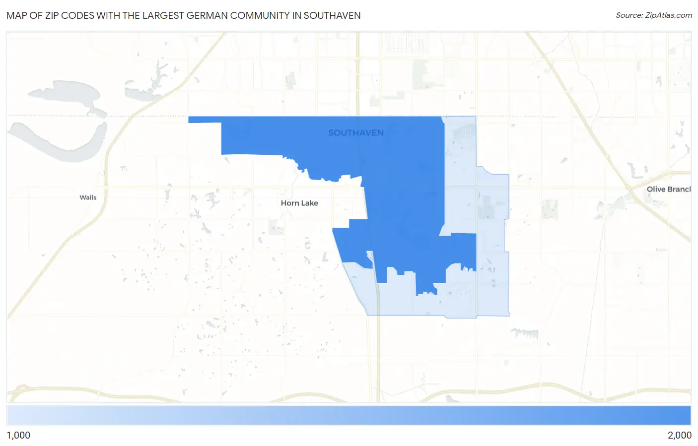 Zip Codes with the Largest German Community in Southaven Map