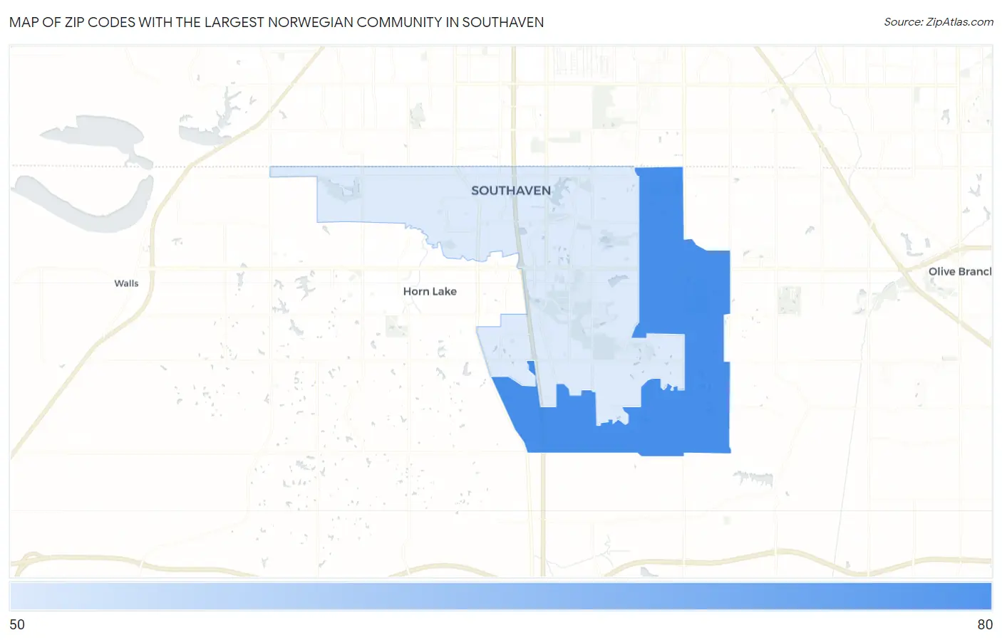 Zip Codes with the Largest Norwegian Community in Southaven Map