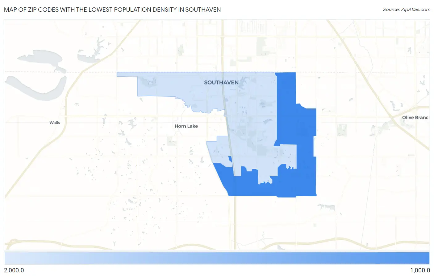 Zip Codes with the Lowest Population Density in Southaven Map