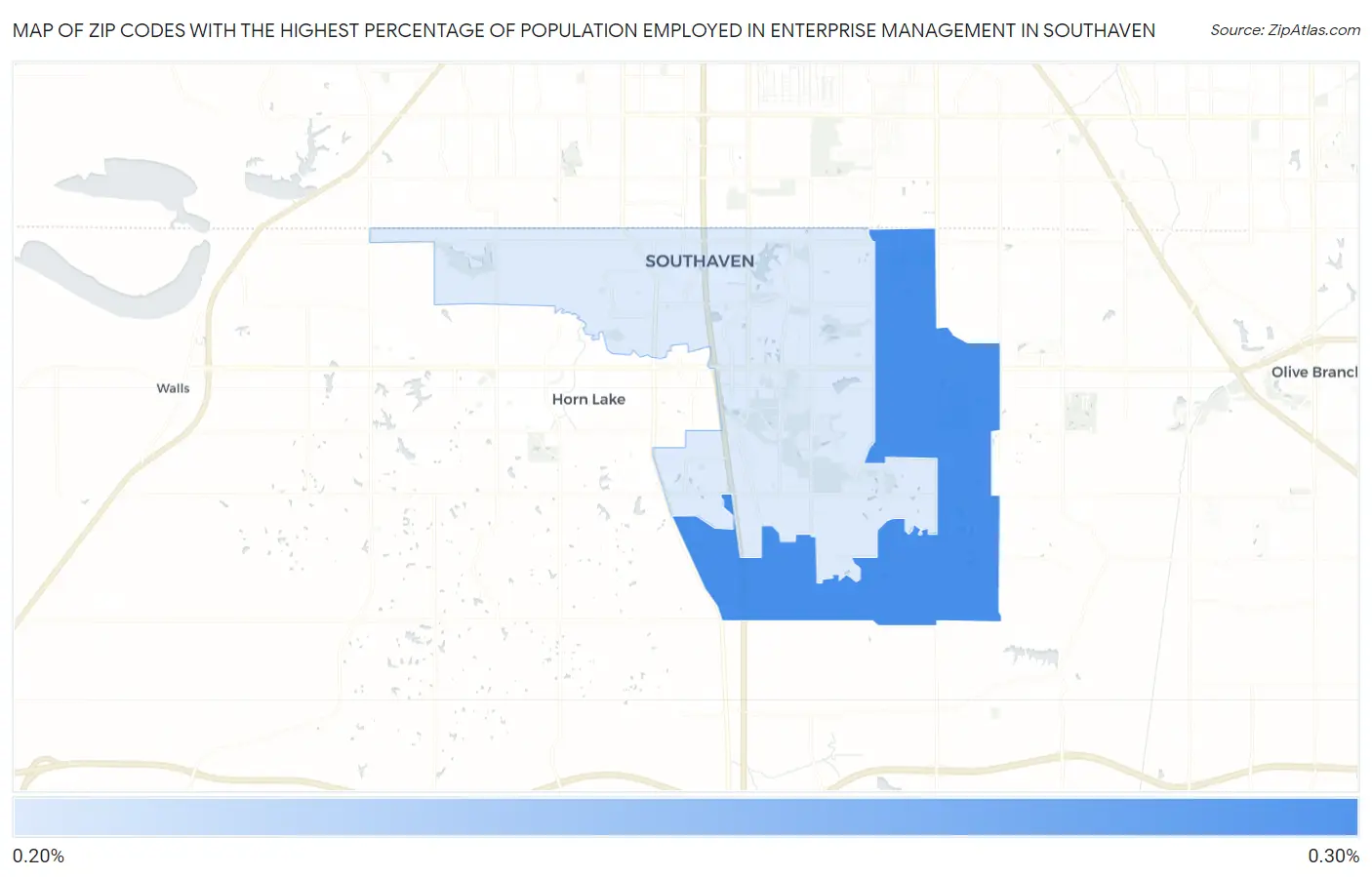 Zip Codes with the Highest Percentage of Population Employed in Enterprise Management in Southaven Map