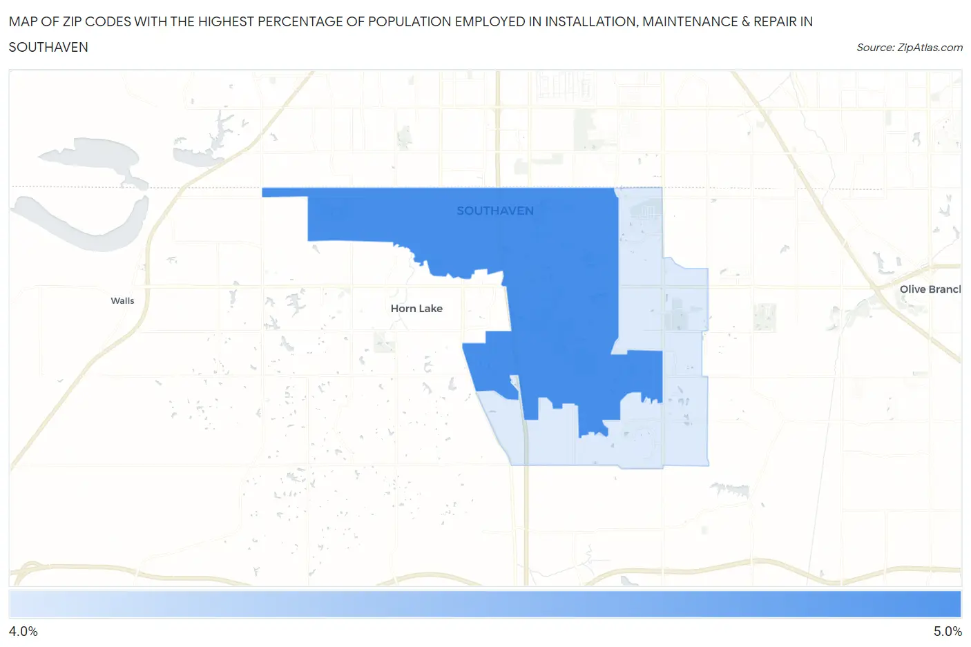 Zip Codes with the Highest Percentage of Population Employed in Installation, Maintenance & Repair in Southaven Map