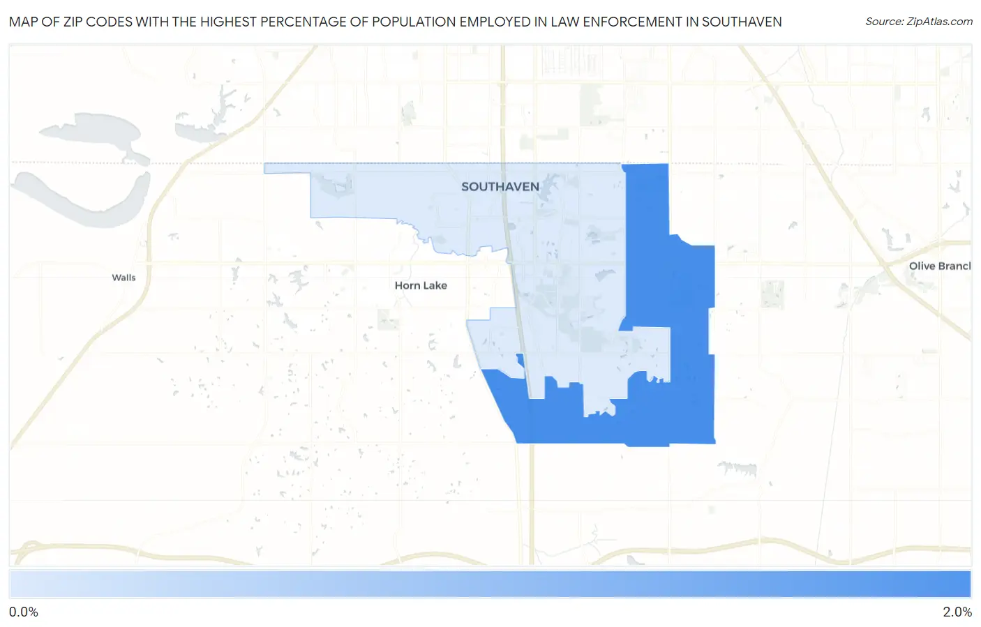 Zip Codes with the Highest Percentage of Population Employed in Law Enforcement in Southaven Map