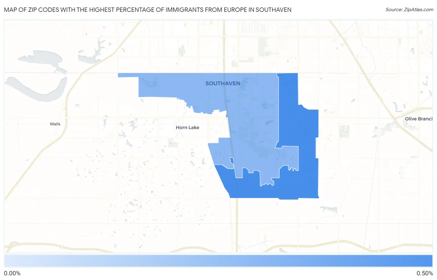 Zip Codes with the Highest Percentage of Immigrants from Europe in Southaven Map