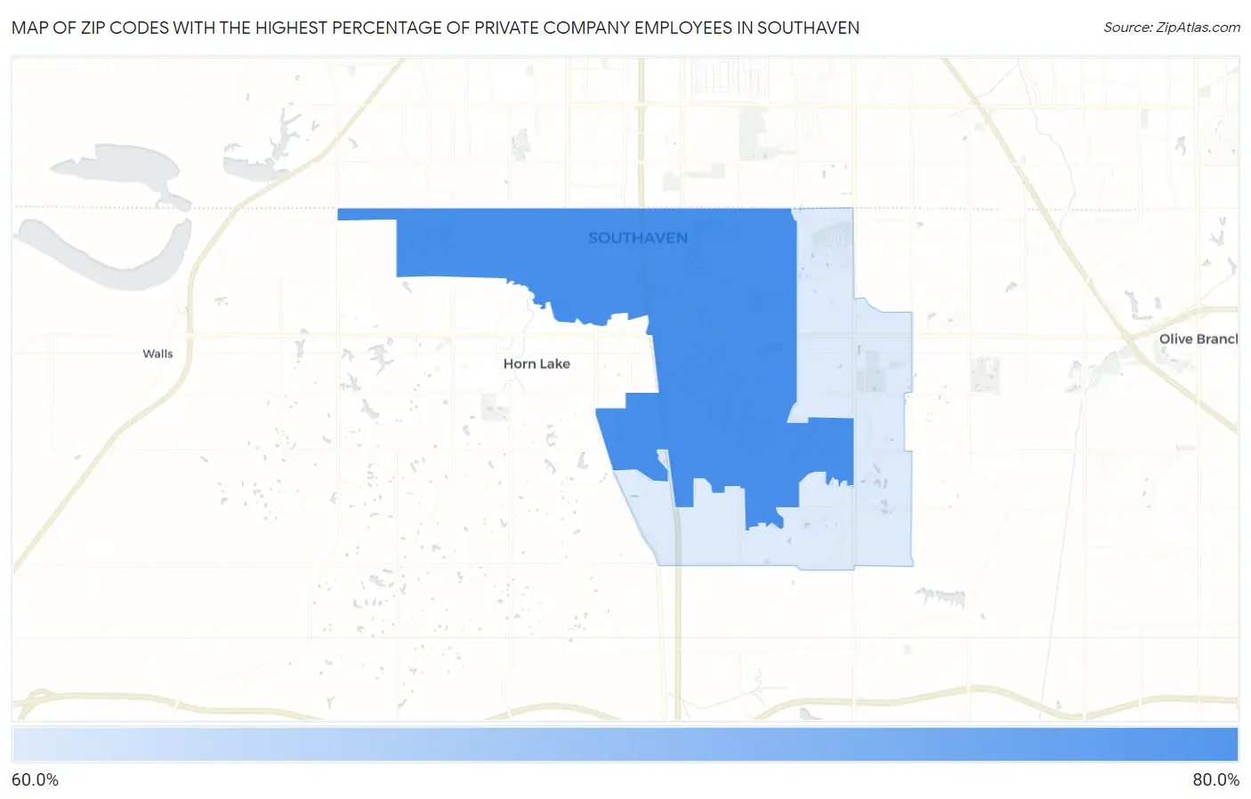 Zip Codes with the Highest Percentage of Private Company Employees in Southaven Map