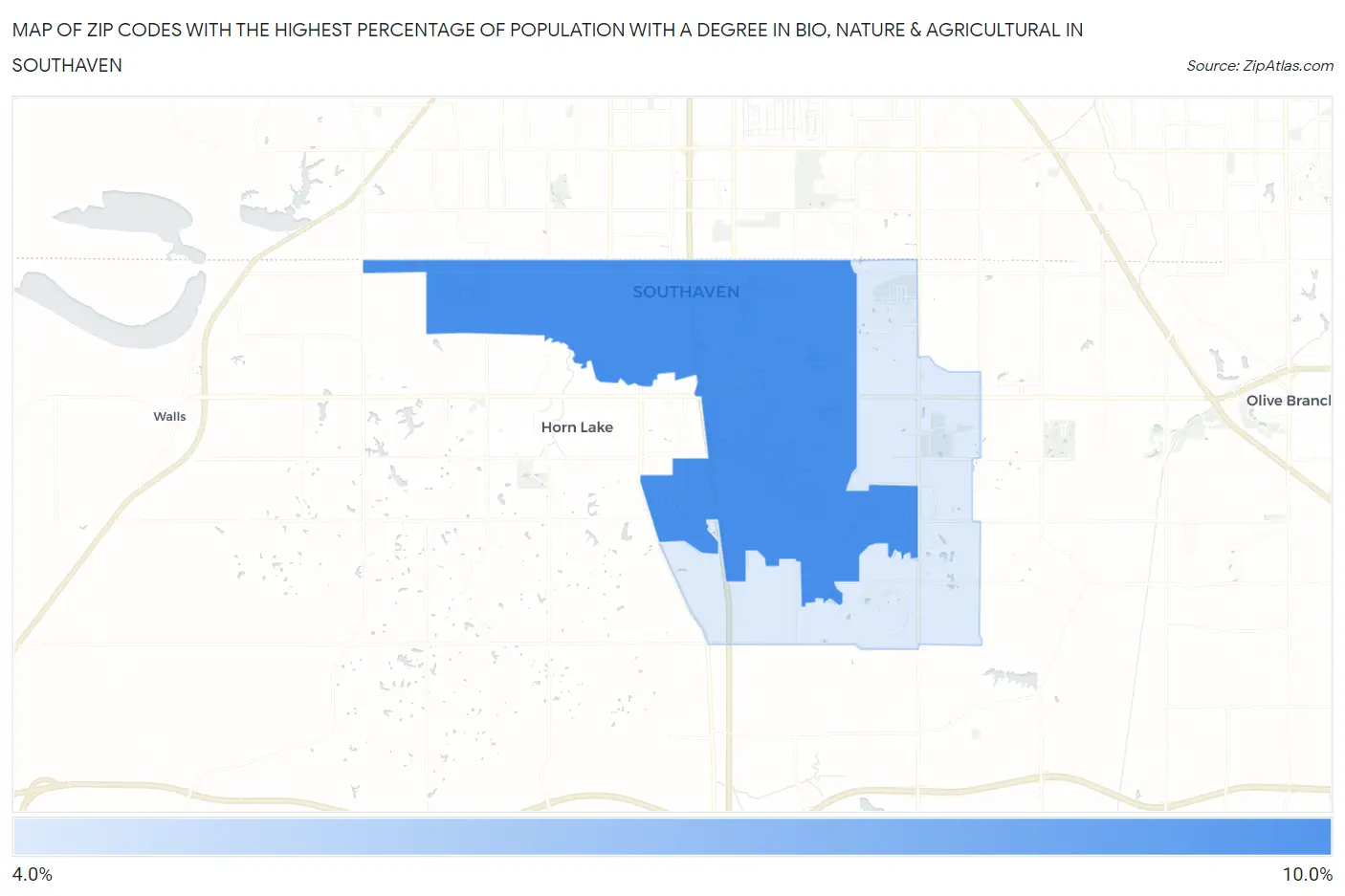 Zip Codes with the Highest Percentage of Population with a Degree in Bio, Nature & Agricultural in Southaven Map
