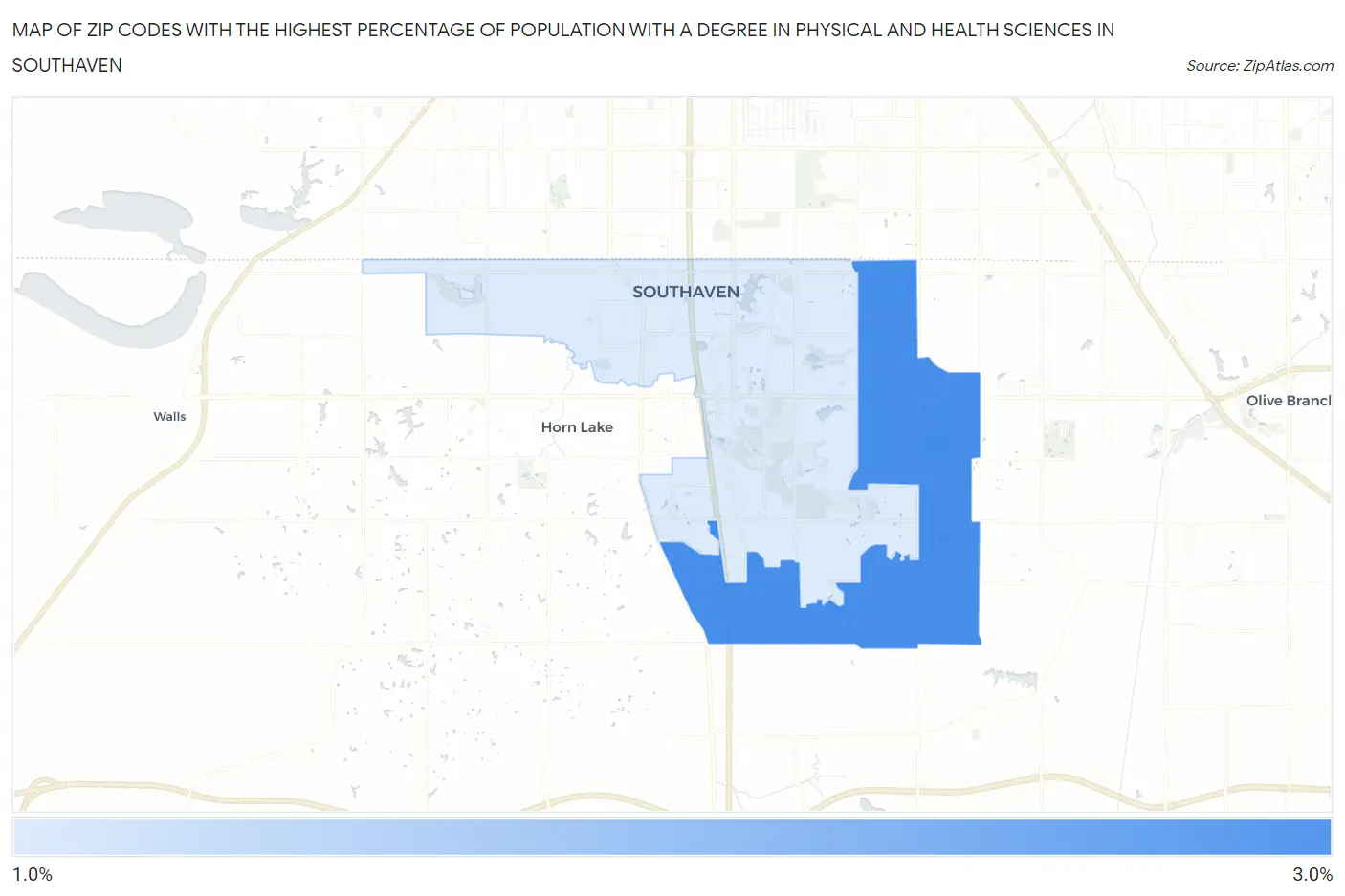 Zip Codes with the Highest Percentage of Population with a Degree in Physical and Health Sciences in Southaven Map