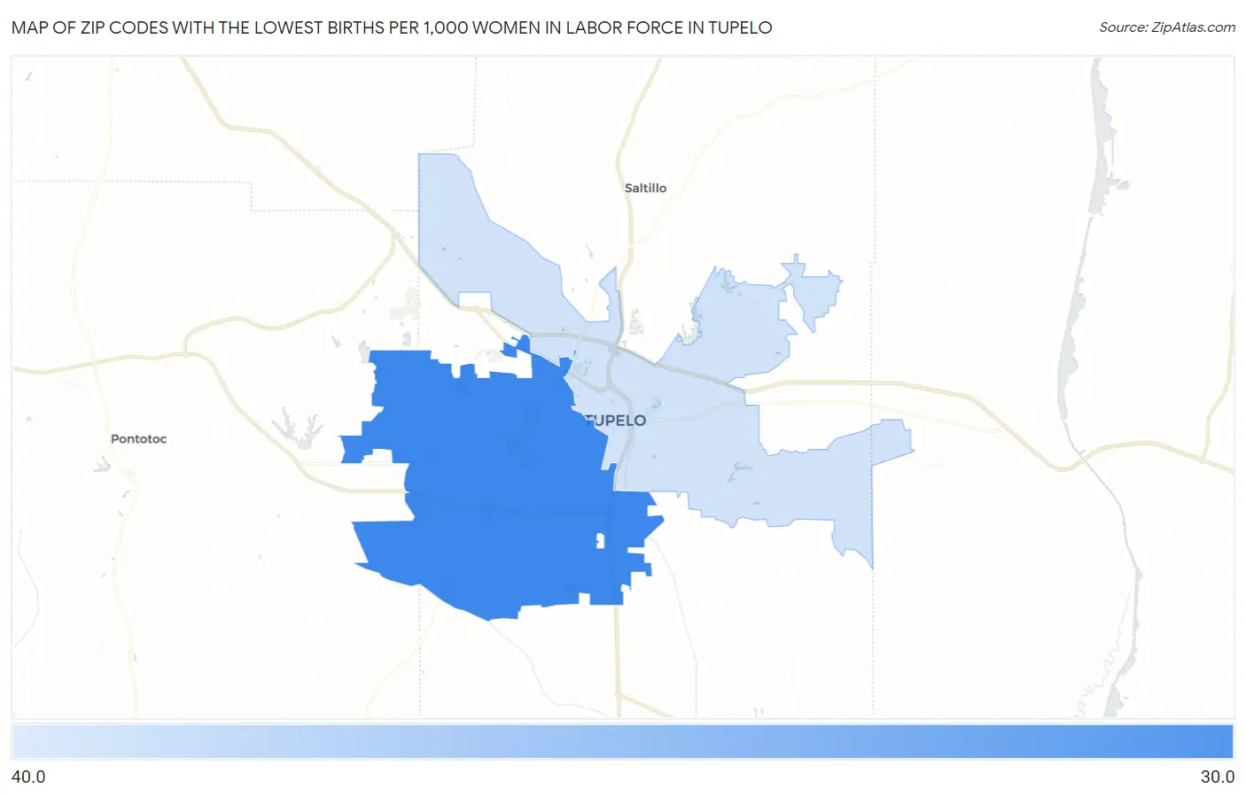 Zip Codes with the Lowest Births per 1,000 Women in Labor Force in Tupelo Map