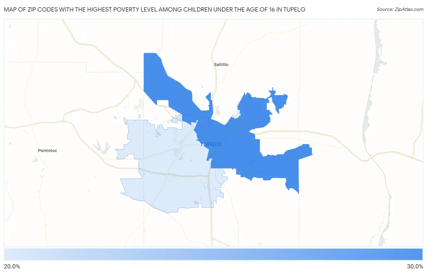 Zip Codes with the Highest Poverty Level Among Children Under the Age of 16 in Tupelo Map