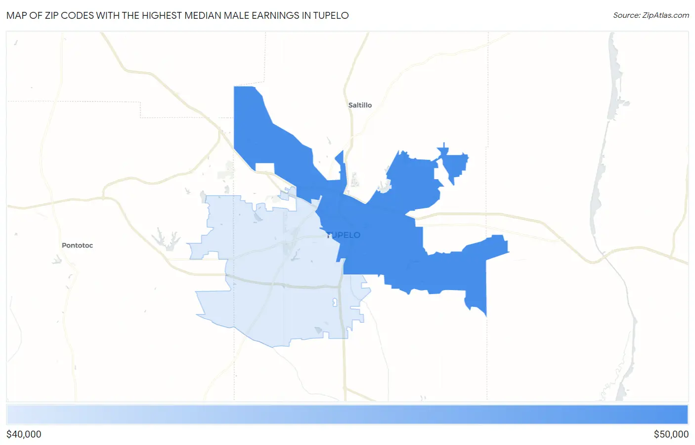 Zip Codes with the Highest Median Male Earnings in Tupelo Map