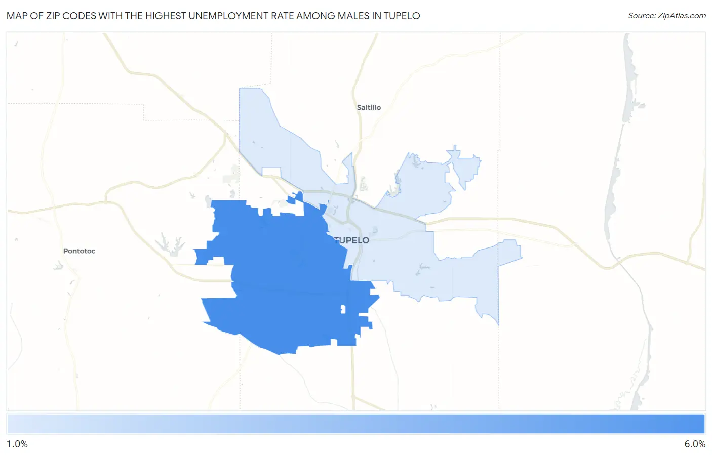 Zip Codes with the Highest Unemployment Rate Among Males in Tupelo Map