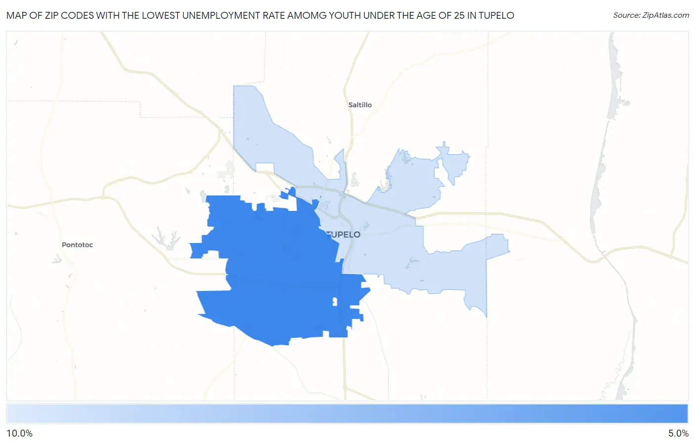 Zip Codes with the Lowest Unemployment Rate Amomg Youth Under the Age of 25 in Tupelo Map