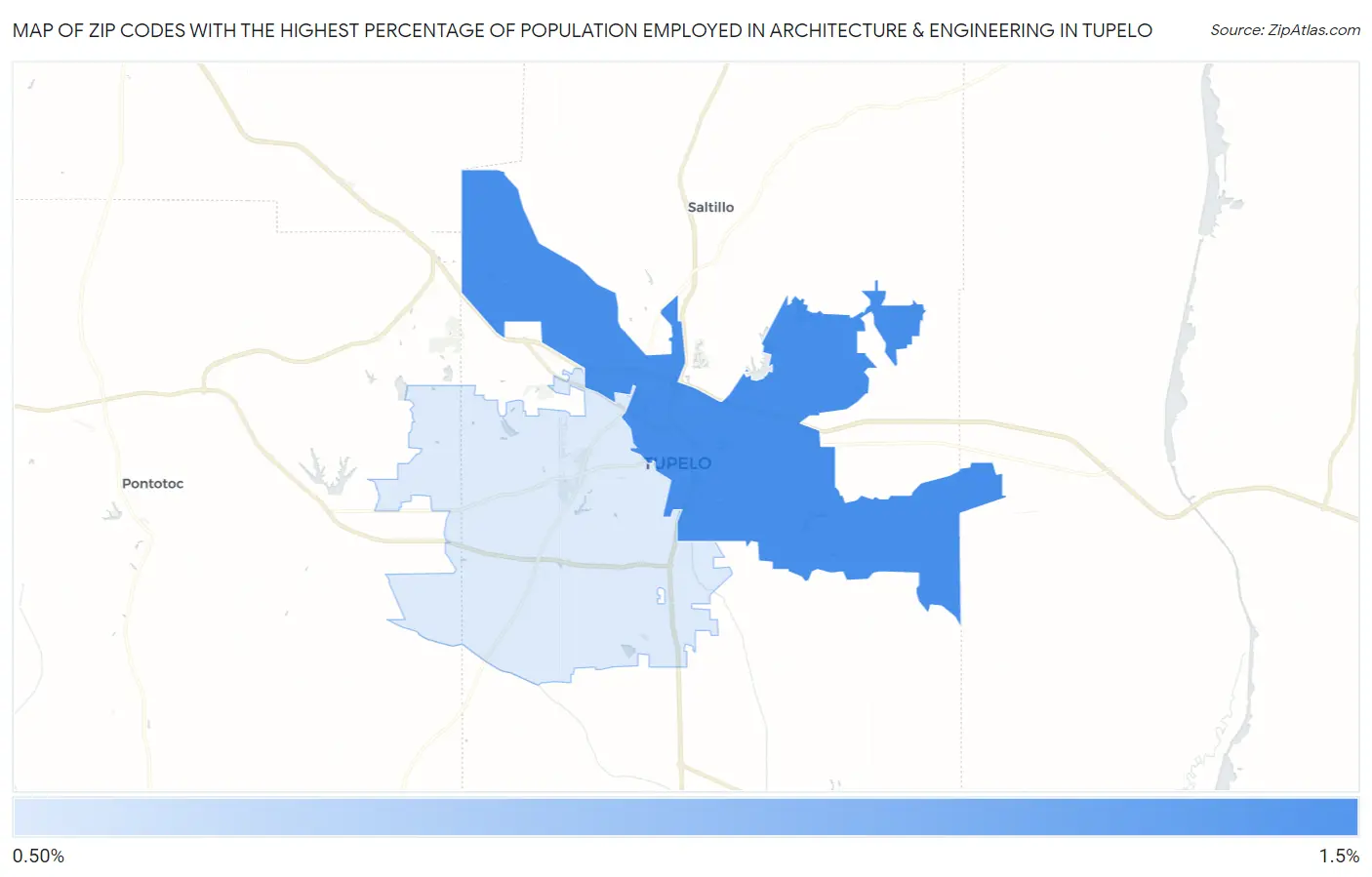 Zip Codes with the Highest Percentage of Population Employed in Architecture & Engineering in Tupelo Map
