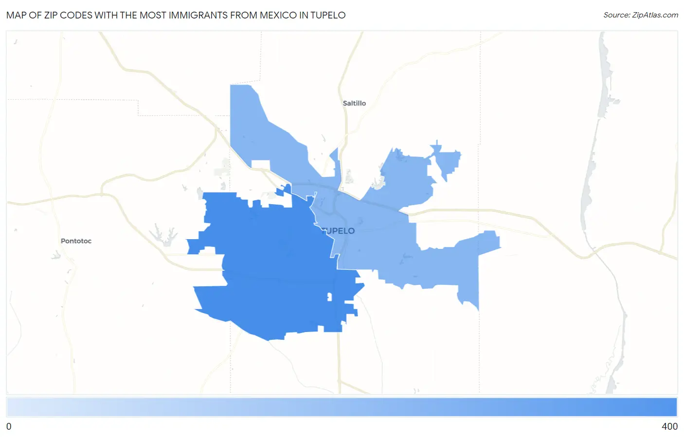 Zip Codes with the Most Immigrants from Mexico in Tupelo Map