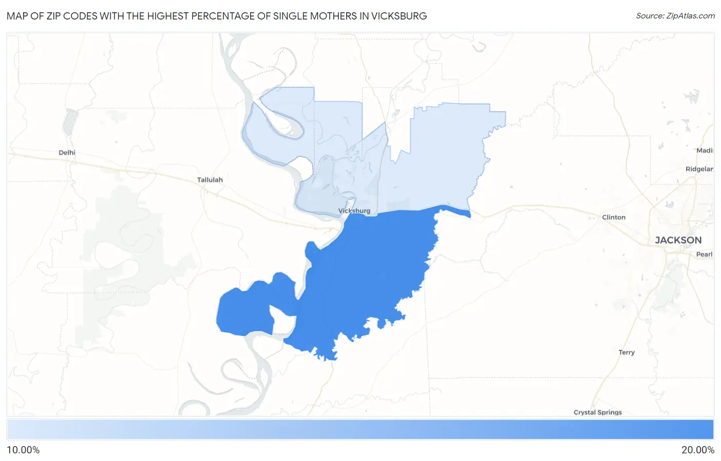 Zip Codes with the Highest Percentage of Single Mothers in Vicksburg Map
