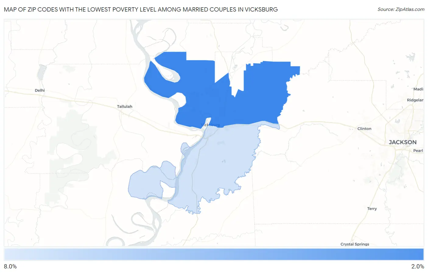 Zip Codes with the Lowest Poverty Level Among Married Couples in Vicksburg Map