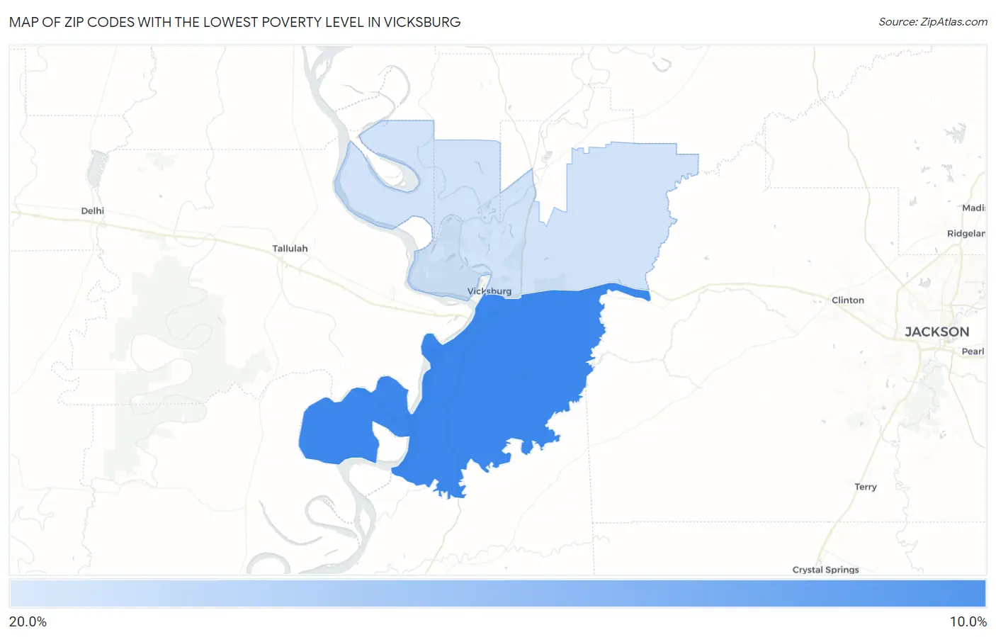 Zip Codes with the Lowest Poverty Level in Vicksburg Map