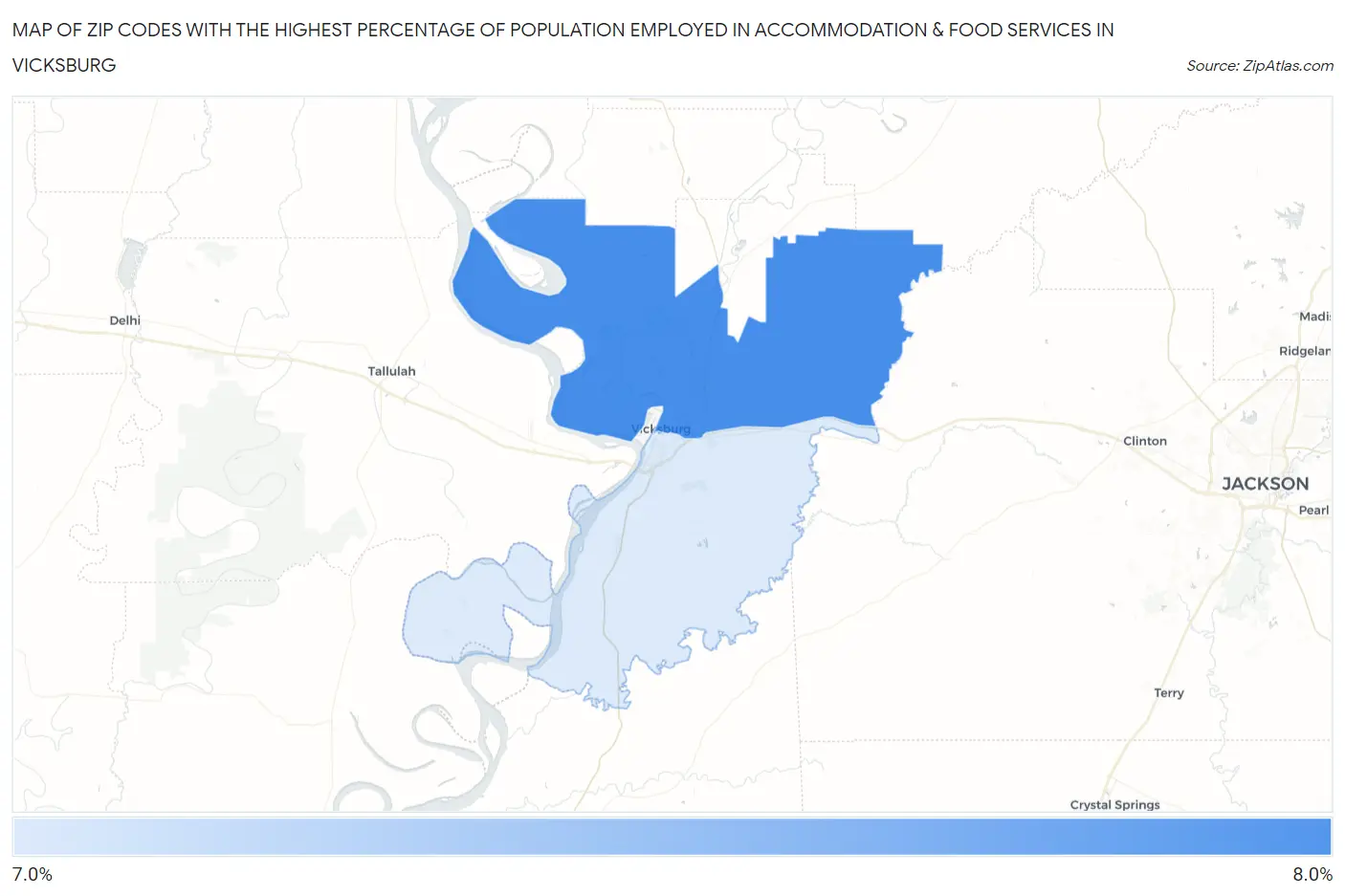 Zip Codes with the Highest Percentage of Population Employed in Accommodation & Food Services in Vicksburg Map