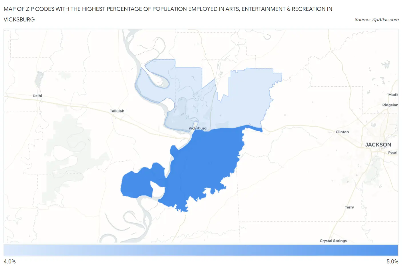 Zip Codes with the Highest Percentage of Population Employed in Arts, Entertainment & Recreation in Vicksburg Map
